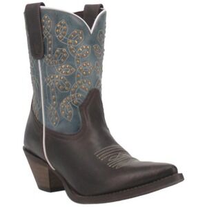 Laredo Women's Randee Western Boots Chocolate Teal Snip Toe Studded- Size 8.5